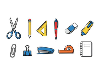 Stationery Essentials Collection: A vibrant collection of essential stationery items, including a pair of scissors, a pencil, a ruler, a pen, an eraser, a highlighter, a paperclip, a binder clip.