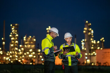 Engineers wearing safety gear, including hard hats examining survey are using tablet collaborating and discussing on screen work plant site use with night lights of oil refinery industry background