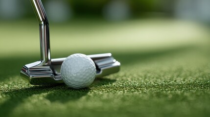 Crisp image of a putter face and golf ball meeting just before contact on a flawless putting surface