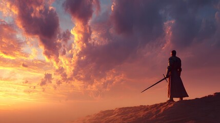 Obraz premium A knight stands vigilant at sunset.