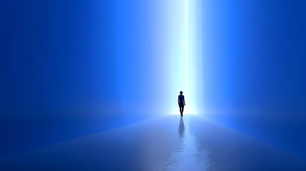A person walks toward a bright light.