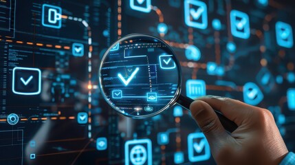 Hand holding magnifying glass over digital interface with check mark icons and circuit board design