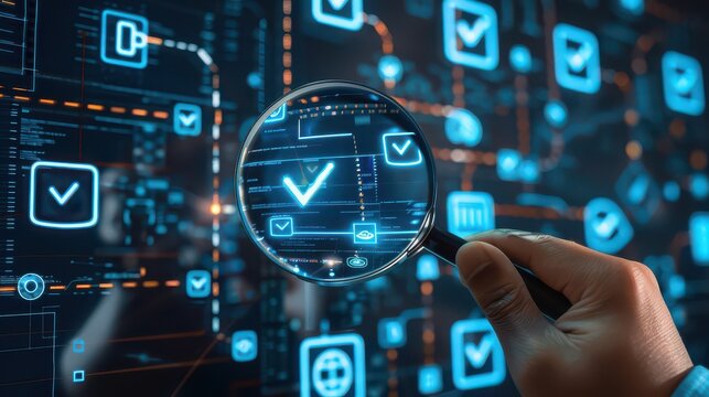 Hand holding magnifying glass over digital interface with check mark icons and circuit board design - Powered by Adobe