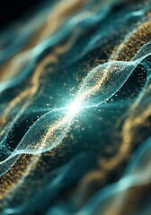 Abstract design of swirling teal and gold particles.