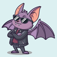 Cool Cartoon Bat Mascot Wearing Sunglasses and Leather Jacket. Stylish Purple Vampire Bat Character Illustration for Branding, Logos, Merchandise, and Halloween Designs.