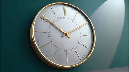 Modern gold clock on a green wall, time concept, interior decoration