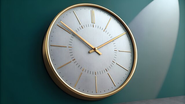 Modern gold clock on a green wall, time concept, interior decoration