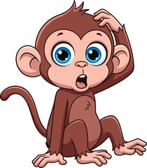 Cartoon monkey with big blue eyes, surprised expression, sitting pose with hand on head, vector illustration, flat design, CAD drawing artwork
