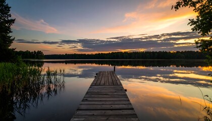 Fototapeta premium Lake sunset dock landscape photography serene water reflection peaceful nature scene view