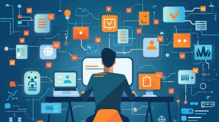 Person at desk surrounded by computers and connected icons in a digital network setting