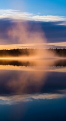 Misty Lake Sunrise: Reflections of Forest and Sky in Calm Waters