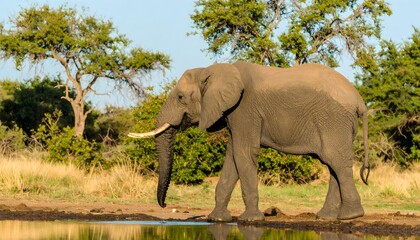 Fototapeta premium African elephant drinking water wildlife photography safari adventure travel animal nature reserve