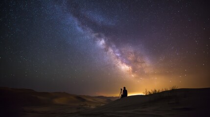 Fototapeta premium Person contemplating milky way in desert landscape