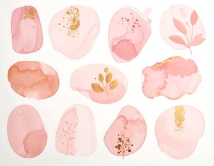 Pink and gold watercolor shapes and leaf designs on white background