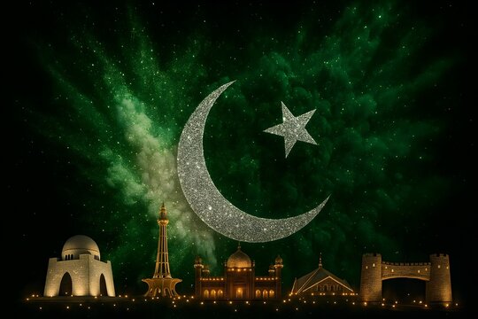 Green and White Glitter Explosion Forming Crescent, Star, and Landmarks,Artistic Tribute to Pakistan with Glittering Powder Blast and Monuments,6 September, Pakistan Defence Day,Generative ai