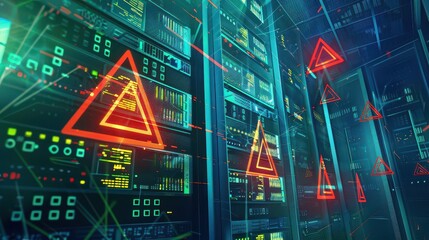 Data center servers with red warning triangles indicating system errors and network vulnerabilities