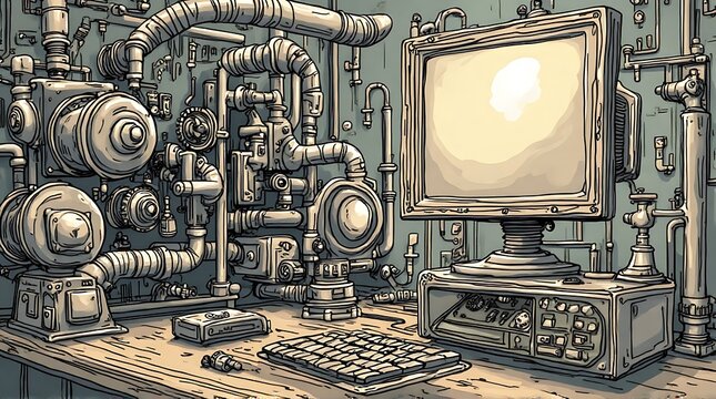 retrofuturistic computer steampunk industrial setup
