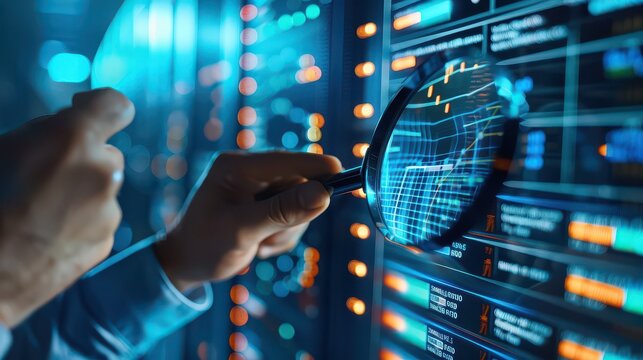 A person using a magnifying glass to examine data on a screen with a grid and chart like display