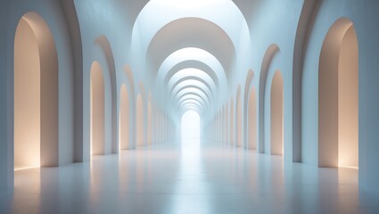 Naklejka premium Illuminated archway corridor with repeating arches and soft light