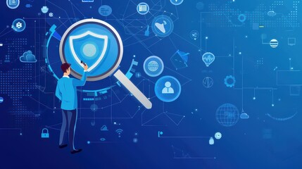 Man in blue jacket examining security shield with magnifying glass on blue background with icons
