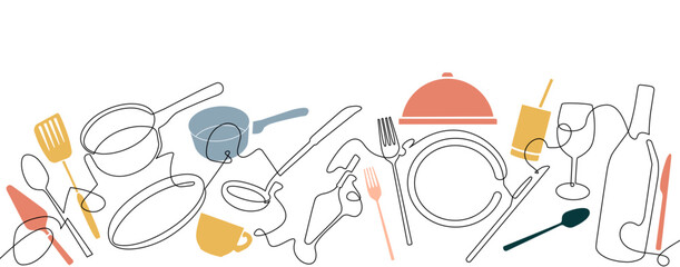 Cooking Border. One Line Drawing style. Kitchen Utensils style. Restaurant Design Poster. Vector illustration.