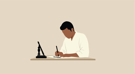 Man sits at table, writing with a pen on paper, inkwell at his side, light background
