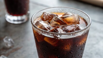 Refreshing Glass of Cold Beverage with Ice Cubes on Wooden Table