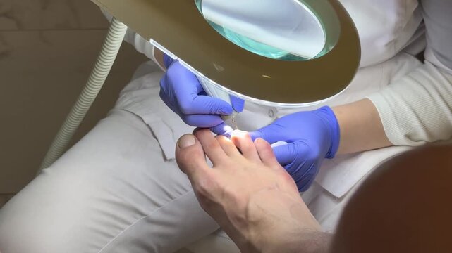 A podiatrist in a white coat and blue medical gloves performs a man's pedicure at a beauty salon. Professional men's pedicure in the salon. A podologist treats an ingrown toenail in blue gloves. 