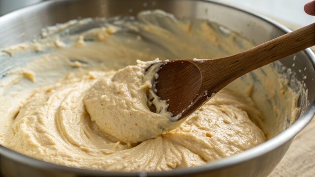 Creamy Batter in Stainless Steel Bowl with Wooden Spoon Mixing