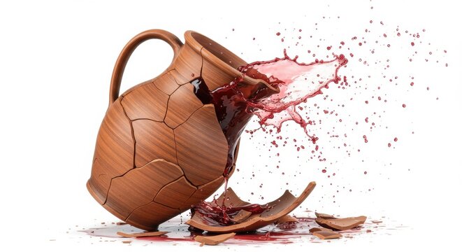 A broken clay amphora with red wine splashing out of it. Shattered terracotta jug and liquid spill on white background.