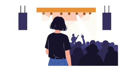 Crowd at music show. Person in the foreground. Stage with lights. Crowd is in the background
