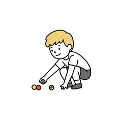 Cartoon Boy Playing Marbles Squatting Blonde Hair White TShirt Gray Shorts.