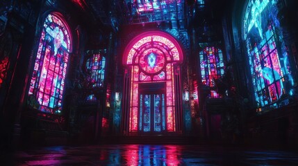 Dark, vibrant stained glass hall
