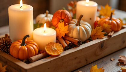 Autumn centerpiece with candles, pumpkins, and autumn leaves  
