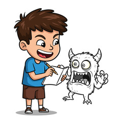 Cartoon boy with brown hair drawing a small scared furry white monster with horns.