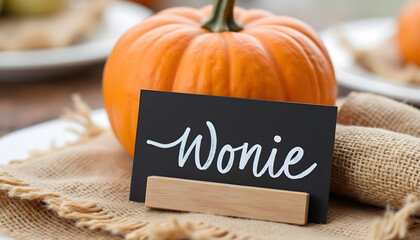 Pumpkin with name tag on wooden table decorated for autumn  