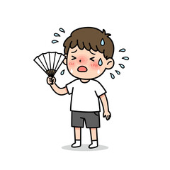 Cartoon boy with flushed red cheeks suffering from heat sweating and using a hand fan.