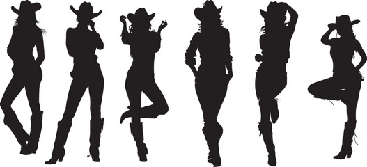 Silhouette of Cowgirls in Various Poses, Western Women in Cowboy Hats and Boots, Country Girl Vector Illustration for Rodeo and Wild West Design