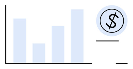 Bar graph illustrating progress and financial growth with a dollar coin symbolizing profit and revenue. Ideal for finance, business, economy, statistics, investment, planning, marketing. Simple flat