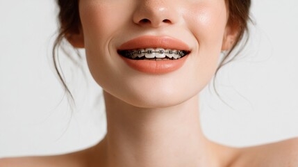 Obraz premium Female wearing braces smiling confidently with glossy lips