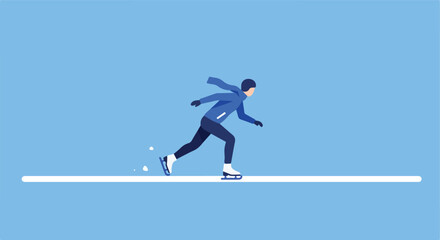 Person ice skating swiftly, clad in blue coat, pants, gloves against light blue background