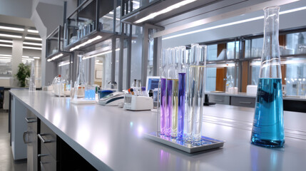 Fototapeta premium Modern microscope and flasks in research chemical scientific center, laboratory background. Study of various diseases in scientific laboratory