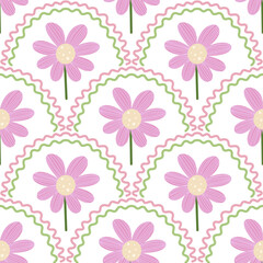 Hand-Drawn Pink Daisy Scallop Seamless Pattern with Green Wavy Arches on white background
