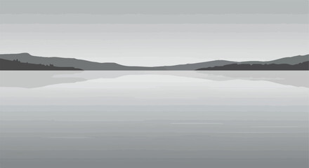 Fototapeta premium Serene grayscale vista. Distant mountains reflect on a calm, glassy lake. Peace