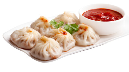Traditional dumpling momos food from Nepal served with tomato chutney in plate isolated.