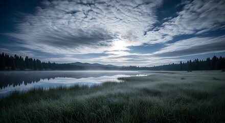 Fototapeta premium Tranquil Lake Scene at Night with Clouds and Reflections