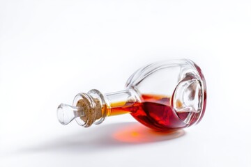 Fototapeta premium Decanter with red liquid and cork stopper laying on side. Alcohol, cognac with transparent glass bottle. Vintage barware for drink concept.