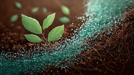 Agricultural growth showing benefits of healthy soil concept. A vibrant plant with green leaves emerging from rich soil.