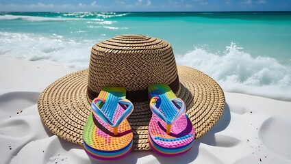 Colorful Flip-Flops and Straw Hat on White Sand Beach – Tropical Summer Vacation Scene