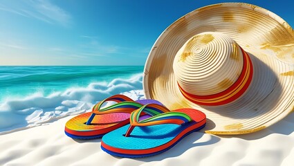 Colorful Flip-Flops and Straw Hat on White Sand Beach – Tropical Summer Vacation Scene